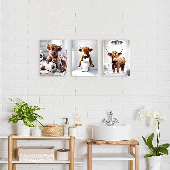 Westen Bathroom Decor Wall Art Framed,Funny Highland Cow Wall Art,Western Bathroom Decor Sign,Farmhouse Cow Pictures for Bedroom Office Restroom,12"x16",Framed