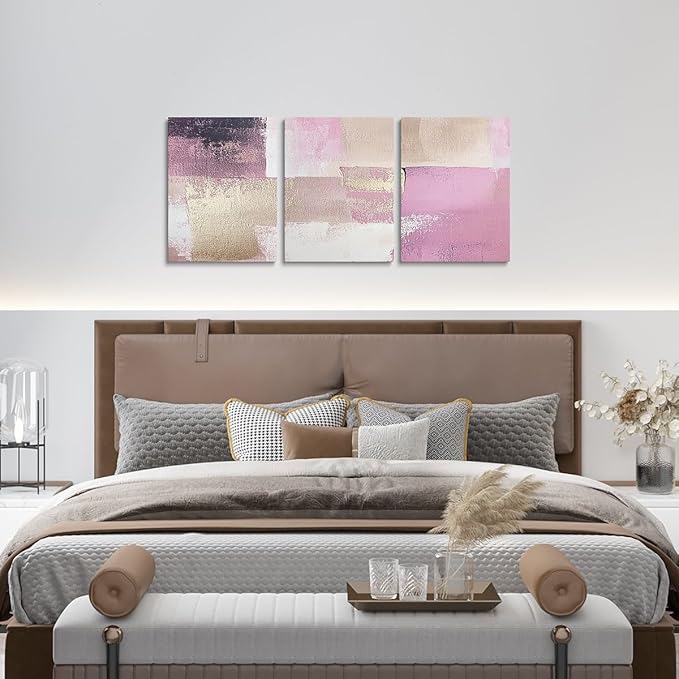 jejeloiu 12"x16"x3pcs Light Pink Abstract Oil Painting Office Decorations Artwork Posters Abstract Art 3 Piece Canvas Wall Art for Living Room Bedroom Modern Picture Wall Decor