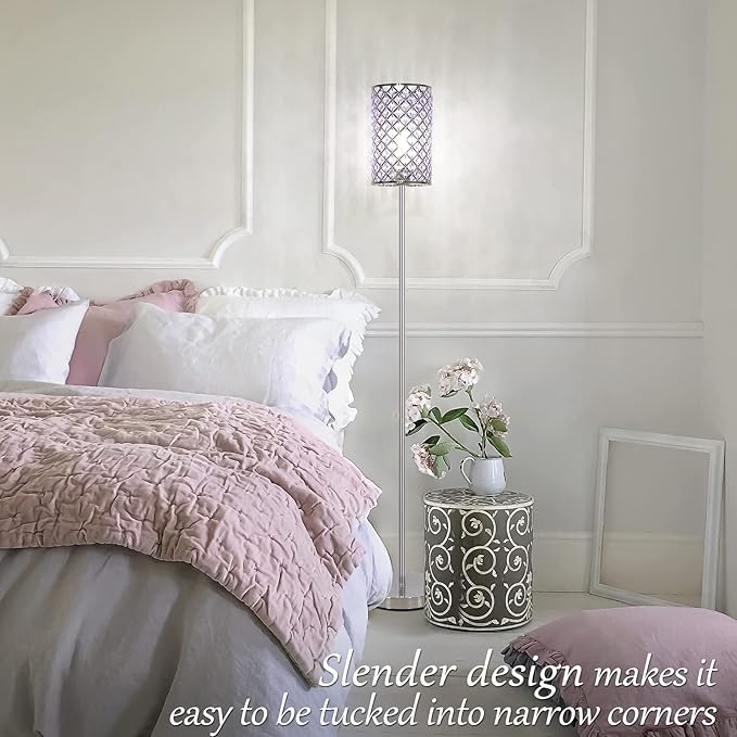 Floor Lamp for Bedroom, Lavender Crystal Floor Lamp with Glam Shade, Elegant Standing Lamp with On/Off Foot Switch & Silver Base, Corner Pole Lamp for Girls Bedroom, Living Room, Office (E26 Base)