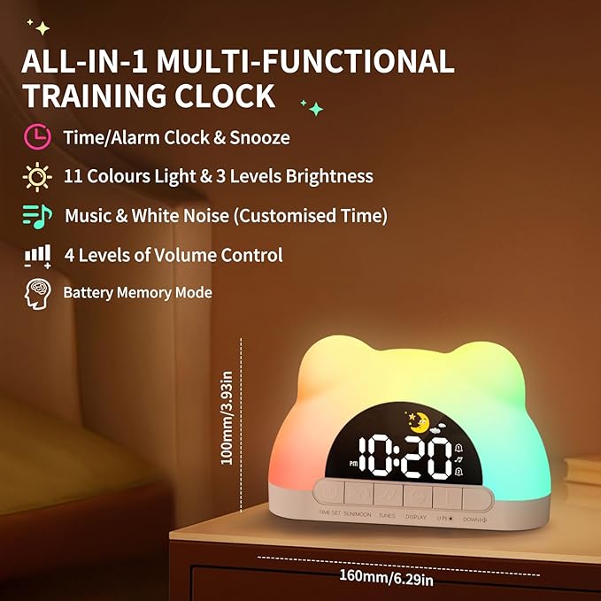 Alarm Clock for Kids, Wake Up Clock with Night Light, Sleep Training Clock for Toddlers,3 Brightness Levels, Dual Alarms, Sound Machine, Digital Clock for Bedroom, Birthday Gifts