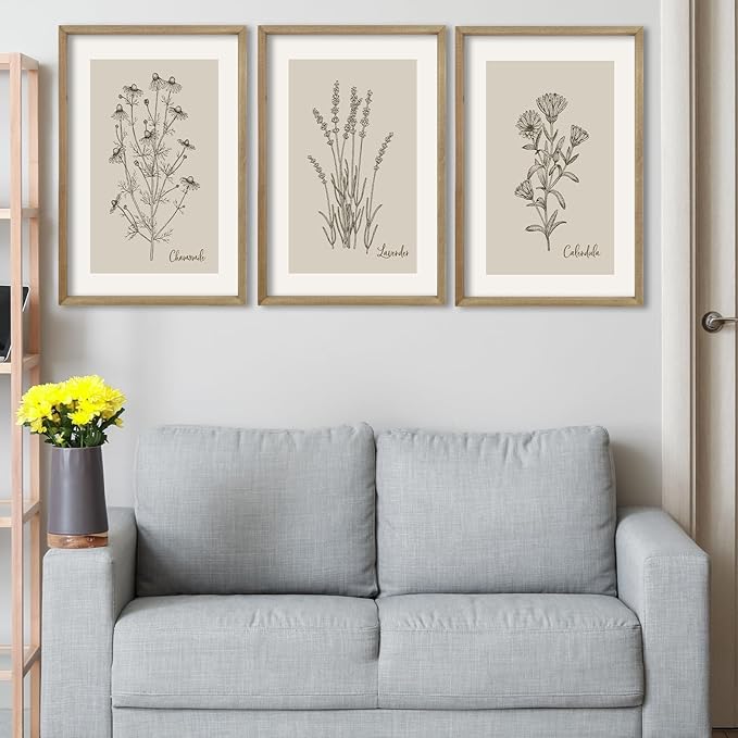 TQianJiang Vintage Botanical Wall Art 24"x16" Set Of 3 Wood Framed Wildflower Pictures Wall Decor for Bedroom Minimalist Wall Hanging (Wood)