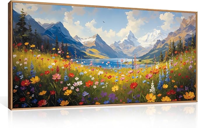 HOURIA Spring Boho Vibrant Watercolor Wildflower & Snowy Mountain Framed Canvas Wall Art Set,Colorful Floral Landscape Decor,Modern Natural Field Scenery Artwork for Living Room,Bedroom,Farmhouse- 20"×40"×1
