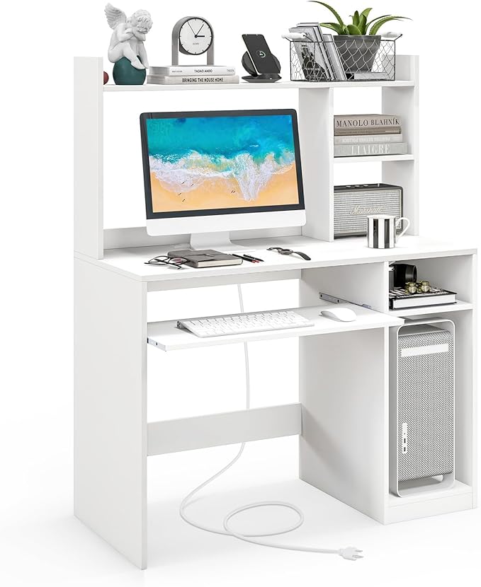Giantex Computer Desk with Hutch, 43.5 Inch Home Office Desk with Keyboard Tray & Charging Station, Laptop PC Table for Workstation, Modern Study Writing Desk for Small Space, Bedroom, White