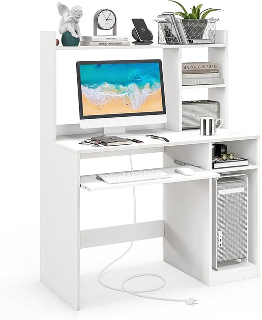 Giantex Computer Desk with Hutch, 43.5 Inch Home Office Desk with Keyboard Tray & Charging Station, Laptop PC Table for Workstation, Modern Study Writing Desk for Small Space, Bedroom, White