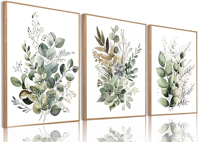 Bwodke Botanical Wall Art Plant Floral Watercolor Poster Canvas Prints Set of 3 Framed Sage Green Painting Eucalyptus Leaf Picture Modern Minimalist Home Decor Bedroom Bathroom Living Room 12"x16"