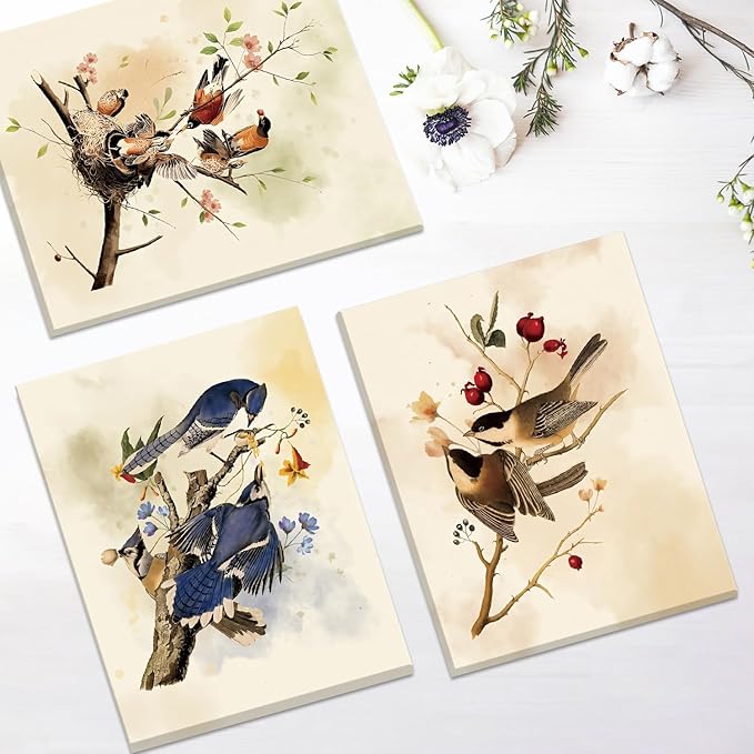 CHDITB Vintage Bird Framed Canvas Wall Art, Spring Birds Illustration, Nature Wildlife Wall Decor, Botanical Bird Poster, Retro Watercolor Art Prints For Living Room Bedroom Kitchen Decor 8”X10”x6
