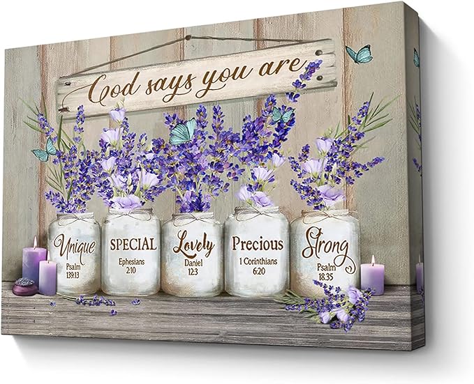 Parylore God Says You Are Canvas Wall Art Inspirational Lavender Butterflies Wall Decor Marson Jars Bible Verses Picture Framed Modern Artwork for Bedroom Bathroom Office Home Decor 16x24 In