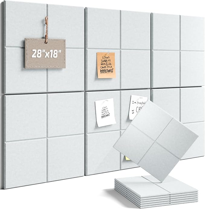 Fluxynara Felt Bulletin Board Tiles -28"x18" Cork Board Alternative for Office Decor, Push Pin Board Wall Organizer 6-Pack -Cold White