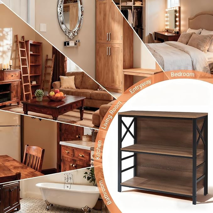 Book Shelf, Small 3-Tier Industrial Bookshelf with Strong Metal Frame & Backboard, 29.5" Short Bookcase for Small Spaces, Living Room, Bedroom and Home Office, Brown