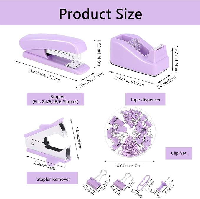 suniya Office Supplies,Desk Accessories,Tape Holder,Stapler,Scissor,Staple Remover,Box of Binder Clips,Staples,Ballpoint Pen,Lndex Tabs,Clear Tape,Office Supplies Set(Purple)