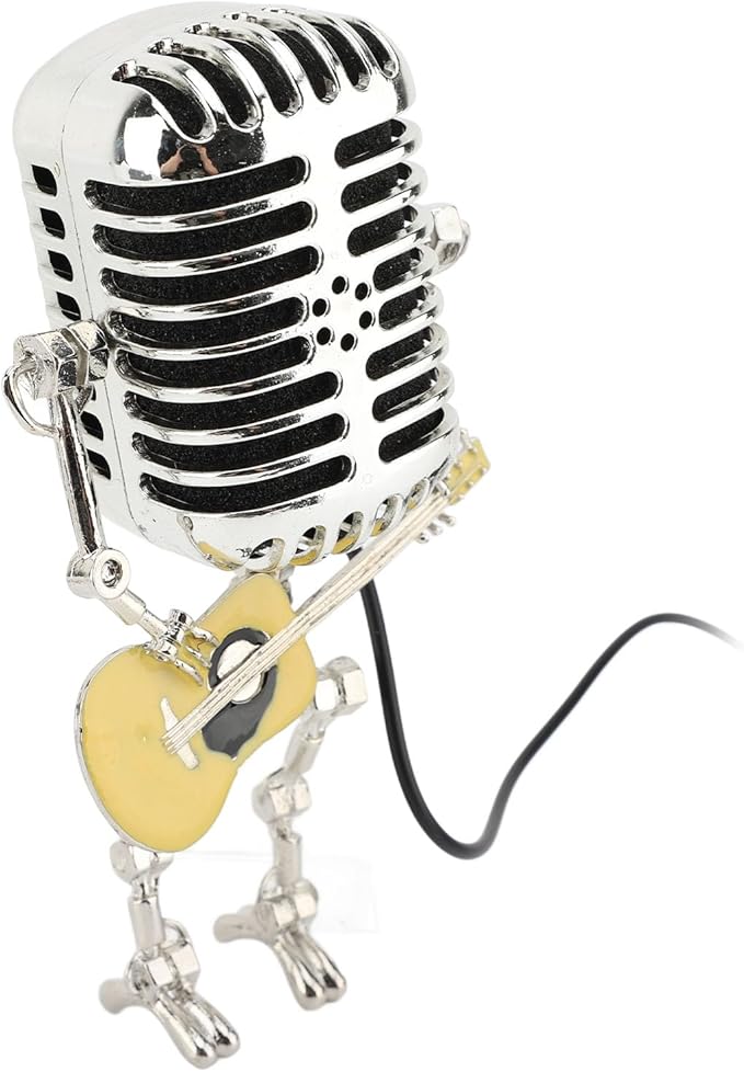 ZJchao Vintage Microphone Guitar Robot Table Lamp Aluminum Retro Metal Robot Night Light for Bedroom Desk Home Decor (Yellow)