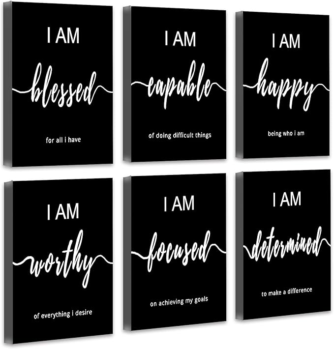 Drsoum Inspirational Wall Art Office Decor, Motivational Wall Art Prints for Office Bedroom Living Room Classroom,Black and White Daily Positive Affirmations Posters for Women Men Kids, Set of 6,