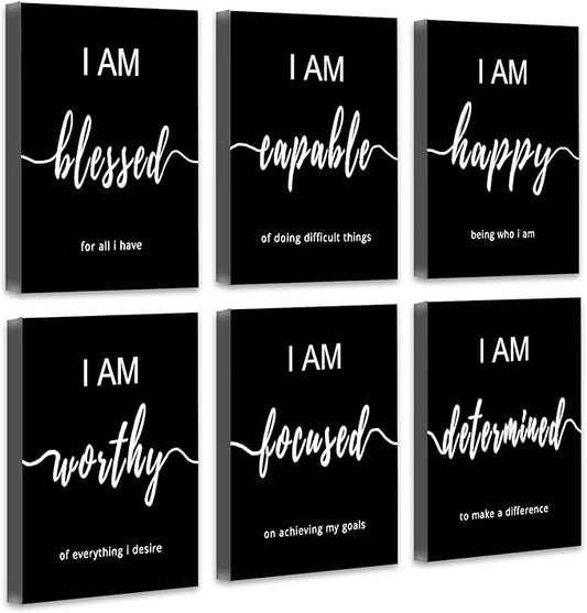Drsoum Inspirational Wall Art Office Decor, Motivational Wall Art Prints for Office Bedroom Living Room Classroom,Black and White Daily Positive Affirmations Posters for Women Men Kids, Set of 6,
