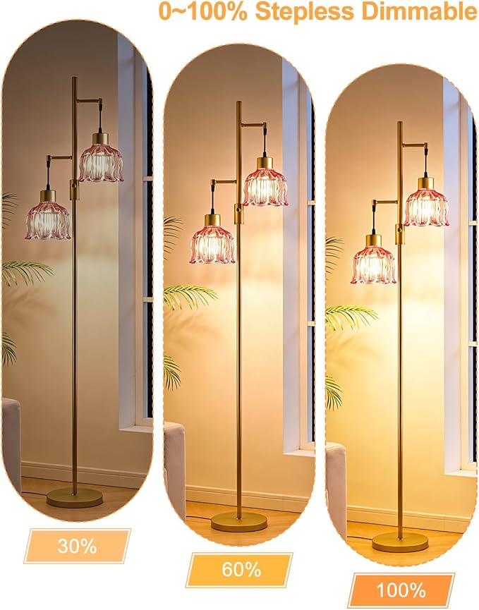 Lightdot 2-Light Gold Flower Floor Lamp, 65IN Rose Red Glass Floor Lamp with 3000K Warm White Bulbs, Modern Standing Tall Lamp for Living Room Bedroom Home Office Corner Sofa Beside