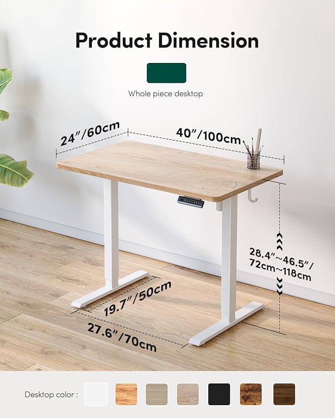 CubiCubi 40 x 24 Small One-Piece Standing Desk, Adjustable Height Electric Computer Sit Stand up Home Office Workstation, with 4 Memory Presets, Headphone Hook, Maple
