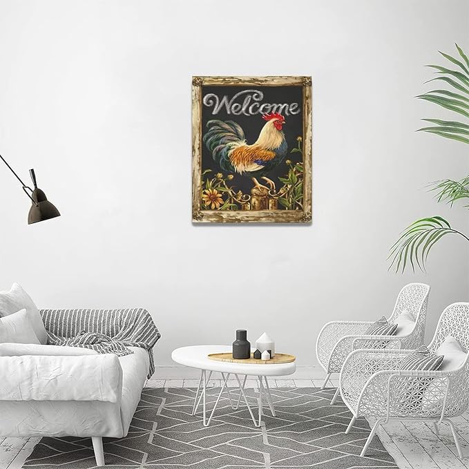 yerretin Farmhouse Rooster Wall Art Rustic Farm Chicken Pictures Wall Decor Country Canvas Painting Modern Artwork Home for Kitchen Bathroom Living Room Bedroom Office Framed 16"x20"