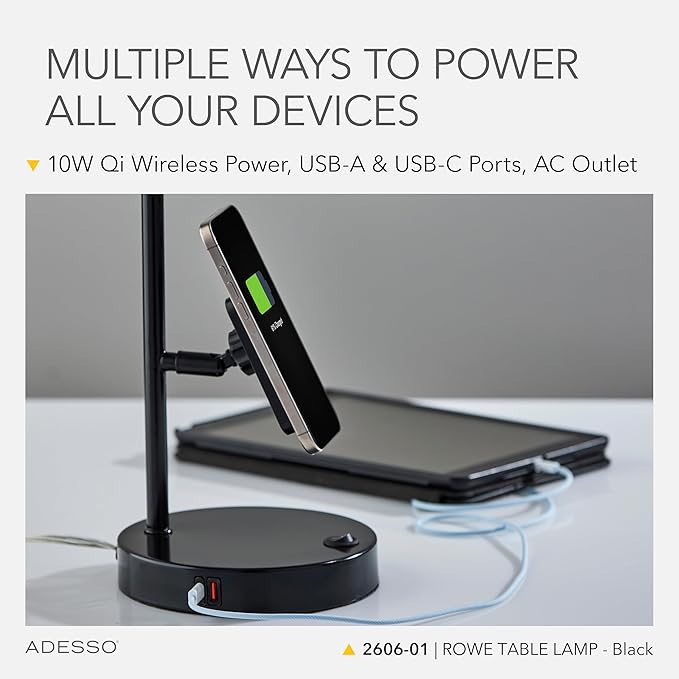 Adesso Supercharger Lamp with USB-A, USB-C, AC Outlet & Wireless Charging Pad – Black Desk Lamp with Adjustable Shade and Power Station Base for Home, Office, or Dorm