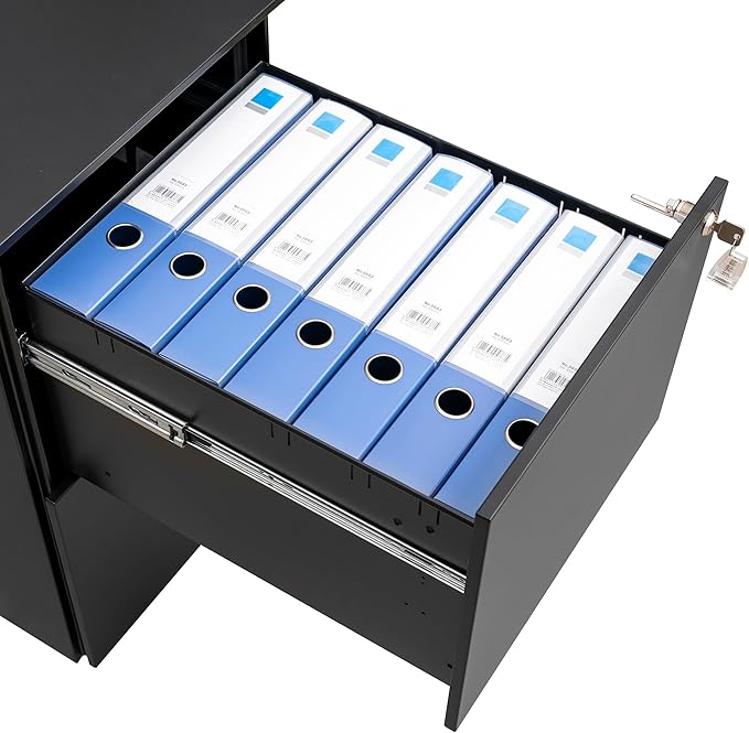 JULYFOX 2 Drawers Mobile File Cabinet W/Lock, 27.2 inch Black Steel Filing Cabinet on Casters with 2 Keys Fully Extension Drawers Letter Legal A4 Size 300 lb Heavy Duty-Black