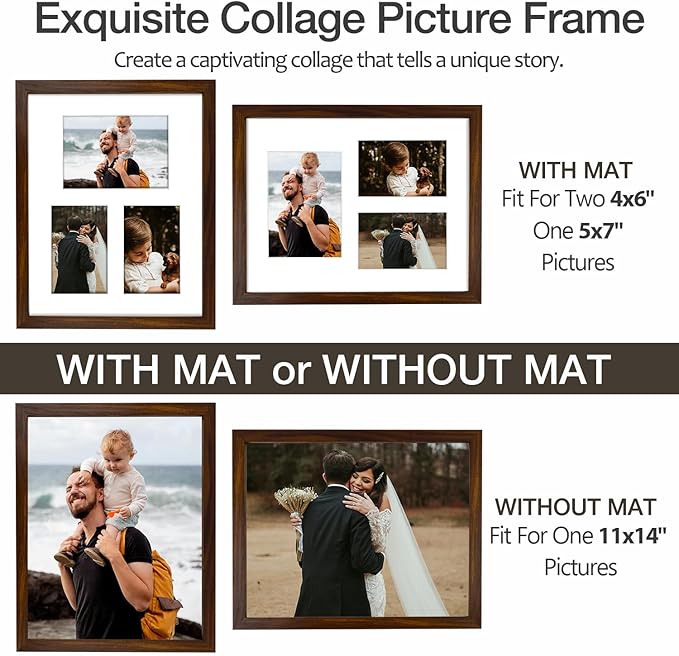 Golden State Art 11x14 Brown Wood Picture Frame - White Mat for 5x7 and 4x6 Photos - Real Glass, Sawtooth Hanger, Swivel Tabs - Wall Mounting - Great for Posters, Weddings, and Engagements