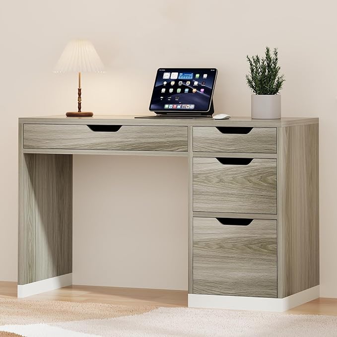 Small Computer Desk with Drawers, 48 Inch Home Office Desk with Storage for Bedroom, Wood Writing Study Desk for Small Space, Walnut