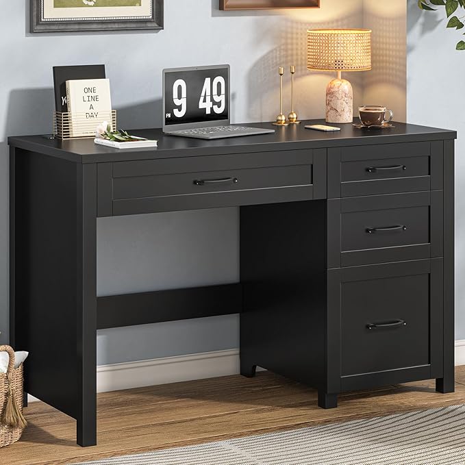 Farmhouse 47" Executive Desk, Computer Desk with File Drawer and Charging Station, Workstation for Home Office, Study.（Pure Black）