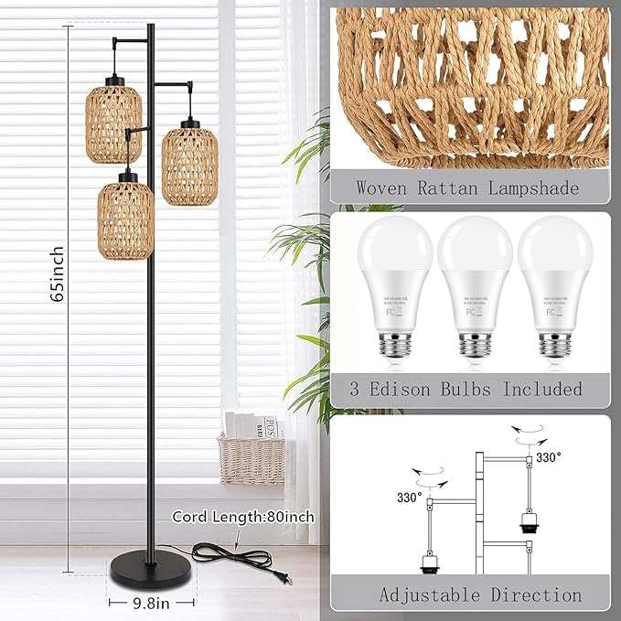 Floor Lamp for Living Room,Bedroom,Boho Rattan Tree 3 Lights Farmhouse Floor Lights,Industrial Black Standing Lamp Wicker Rustic Tall Lamp,Woven Bamboo LampShade Floor Lamps Bohemian