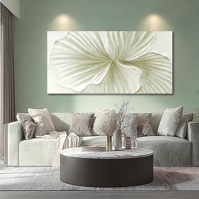 MLART99 Large Green Flower Wall Art Plant Ginkgo Canvas Hand-drawn Painting Modern 29x58 Abstract Botanical Artwork Minimalist Decoration for Living Room Bedroom Office