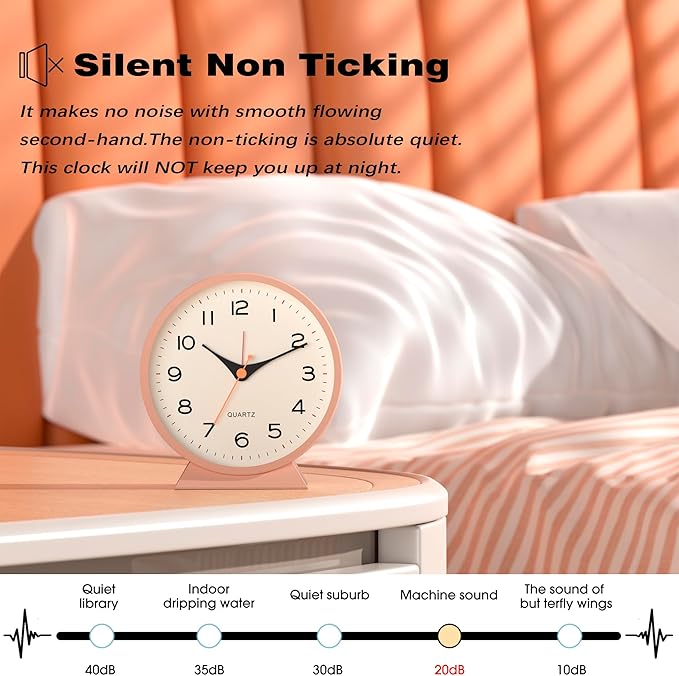 AYRELY® 4.5" Analog Alarm Clock,Small Retro Desk Clock Battery Operated,Slient Metal Table Clock with Light for Living Room Decor,Bedroom,Bedside,Shelf(Light Pink)