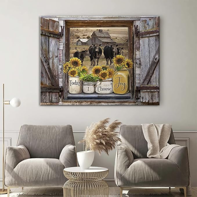 Parylore Sunflower Mason Jars on Rustic Window Wall Art Angus Cows Kitchen Decor Farmhouse Picture Framed Modern Artwork For Living Room Bedroom Home 16x20 In