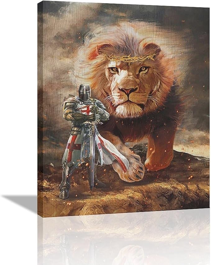 yerretin Christian Lion Of Judah Wall Art Lion Warrior Pictures Wall Decor Religious Knight Canvas Painting Home Decorations Artwork for Bathroom Bedroom Living Room Office Framed 16"x20"