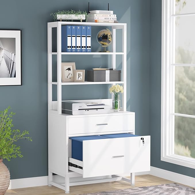 Tribesigns 2 Drawer Vertical File Cabinet with Lock & Bookshelf, Letter Size Large Modern Filing Cabinet Printer Stand with Open Storage Shelves for Home Office, White