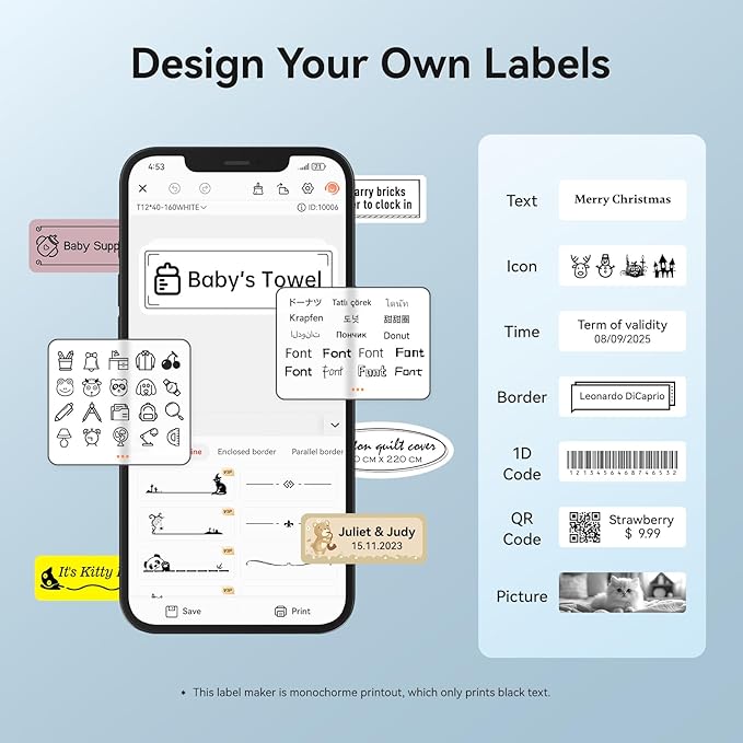 NIIMBOT Label Maker Machine D11 Label Printer Portable Wireless Connection Multiple Templates Available for Phone Easy to Use Office Home Organization USB Rechargeable