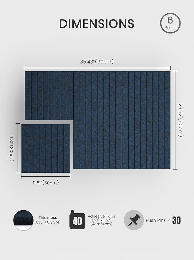 Bumusty Large Cork Board Alternative-36 x 24" Felt Bulletin Board Tiles, with 30 Pushpins, 40 Adhesive Tabs, 6-Pack Slat Wall Paneling, Cork Boards for Office Push Pin Board Felt Board-Carbon Blue