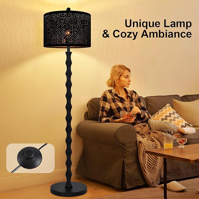 Gothic Black Floor Lamp for Living Room Bedroom,Vintage Standing Tall Lamp with Drum Lampshade,Farmhouse Unique Floor Lamps,Modern Mid Century Iron Floor Lamp for Office Corner(Bulb Included)