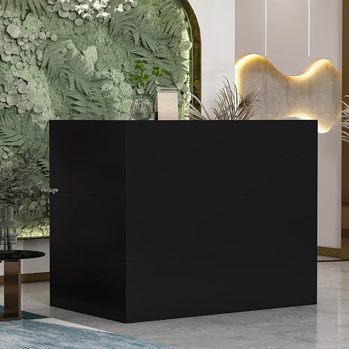 Homsee Reception Desk L-Shaped Office Desk with Counter, 1 Door Storage Cabinet, 1 Lockable Drawer, Hutch Shelf and Keyboard Tray, Black