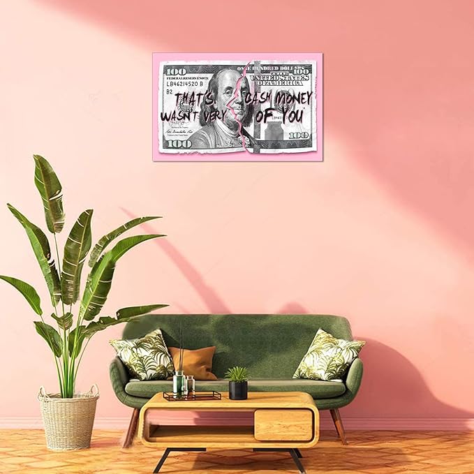 100 Dollars Bill Canvas Wall Art, Money Print Poster Inspirational People Benjamin Franklin Painting Modern Home Decoration, Stretched and Framed 28"W x 44"H