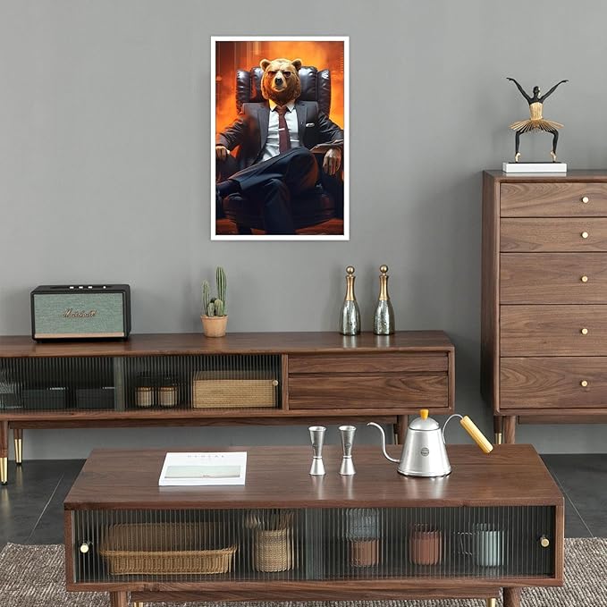 Trendy Suit Animal Bear Portrait Wall Art Funny Boss Bear Canvas Posters Work Struggle Motivation Inspiring Prints Painting For Office Living Room Wall Decor 8x12in Unframed