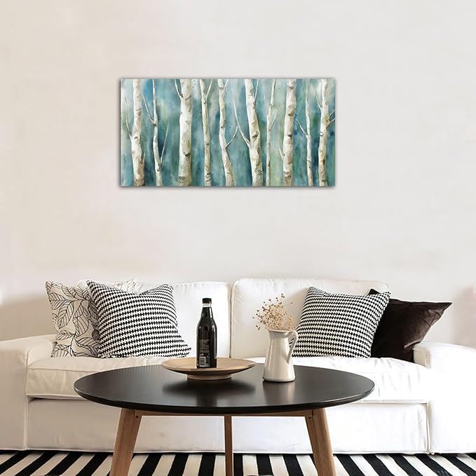 yearainn Abstract Birch Trees Canvas Wall Art - 20" x 40" Modern Turquoise Nature Printing Artwork for Living Room, Bedroom, Home Office Decor