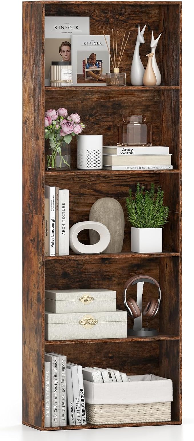 Giantex 5-Tier Bookshelf, Freestanding Bookcase with 5 Open Shelf, Modern Display Shelf, Storage Organizer for Living Room Bedroom Home Office, Rustic Brown