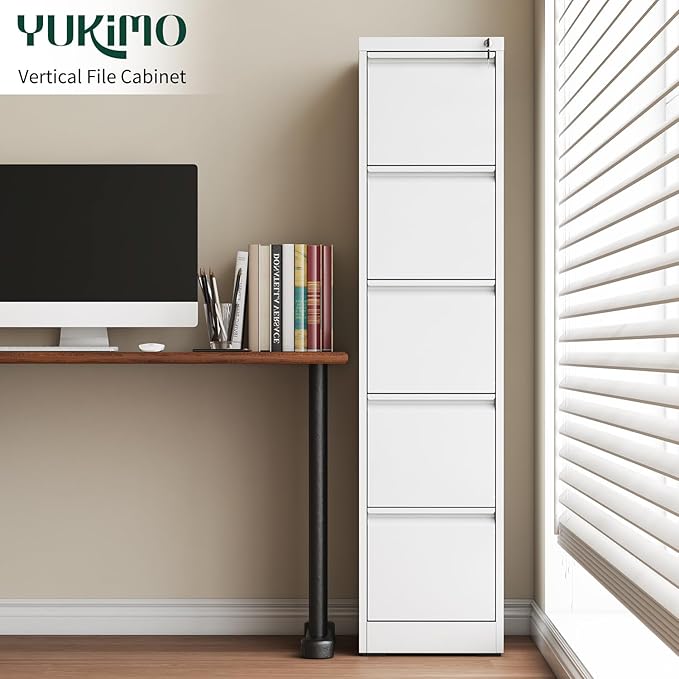 5 Drawer File Cabinet with Lock, Metal Vertical File Cabinets for Home Office, Office Furniture for Organization Hanging Legal/Letter/A4, Office File Cabinet Storage Cabinet, Require Assembly, White