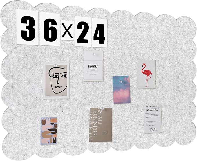 Scalloped Felt Bulletin Board 36 x 24 Inches Foldable Light Gray Pin Cork Board Alternative for Wall, 3' x 2' Trifold Picture Vision Self Adhesive Bulletin Decorative
