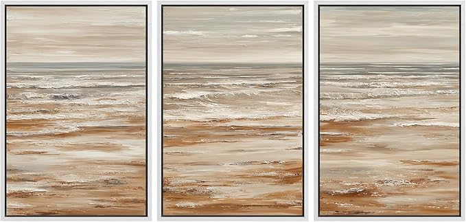 MUDECOR Framed Wall Art Print Set Neutral Coastal Seascape Minimalist Ocean Waves and Sandy Shore Illustrations Modern Art Boho Decorative for Living Room, Bedroom, Office - 16"x24"x3 WHITE