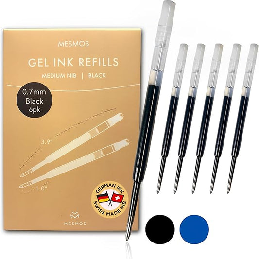 MESMOS 6 Pack 0.7mm tip, 3.9 inch (9.8cm) Gel Pen Refills, German-Made Ink and Swiss-Made Nib, Compatible with Parker Pen, Replacement Ink Refills, Smooth Writing