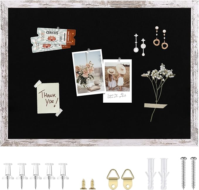 Black Felt Bulletin Board, 23.6x15.7 inches Decorative Bulletin Boards for Walls with Wood Frame, Pin Board Vision Board for Office Home Kitchen and School with Pins (BK,4060,1p)