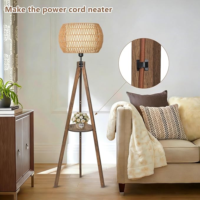 Boho Tripod Floor Lamps for Living Room, Wood Floor Lamp with Shelf, Mid Century Modern Standing Lamp with Rattan Shades, Foot Switch, Rustic Farmhouse Tall Lamps for Bedroom Office, Brown