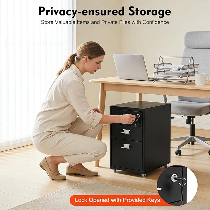 3-Drawer Metal File Cabinet, Mobile File Cabinet with Lock, Rolling Vertical Filing Drawers Under Desk for Home Office, 11 * 16 * 18.3in (Black)