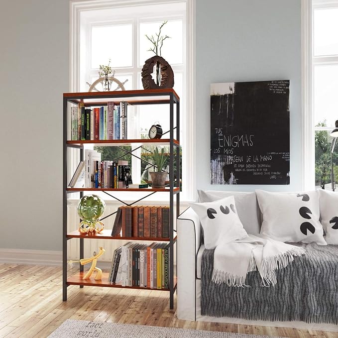 BATHWA Bookshelf, 5-Tier Industrial Bookshelves, Wood and Metal Bookcase, Free Standing Storage Vintage Bookshelf for Living Room, Bedroom and Home Office, Rustic Brown