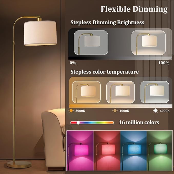 Gold Floor Lamp with Remote Control, 1200 Lumens Adjustable Height Dimmable Arc Floor Lamp for Living Room, Modern Gold Standing Lamp for Bedroom, Office, LED Smart Bulb Included
