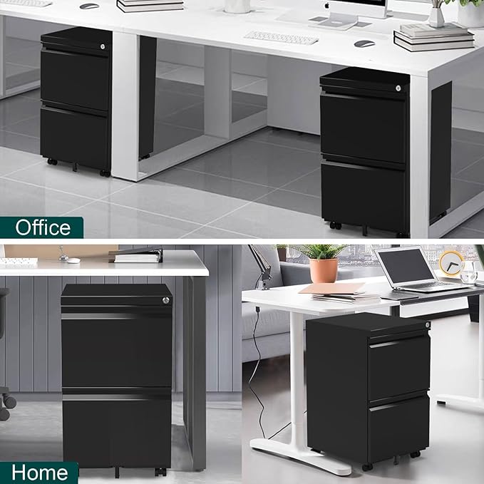 2 Drawer Mobile File Cabinet with Lock,Rolling File Cabinet, Under Desk Mobile Filing Cabinet,File Cabinets for Home Office,Storage 2 Drawer Mobil Filing Cabinet for A4/Legal/Letter,Balck