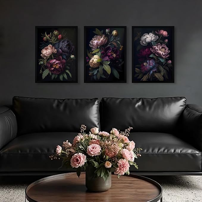 Krtoni 3PCS Framed Dark Flower Wall Art, Neutral Black Peony Floral Canvas Artwork Prints, Rustic Boho Farmhouse Flower Botanical Picture Paintings for Living Room Bedroom Office 12W x 16H
